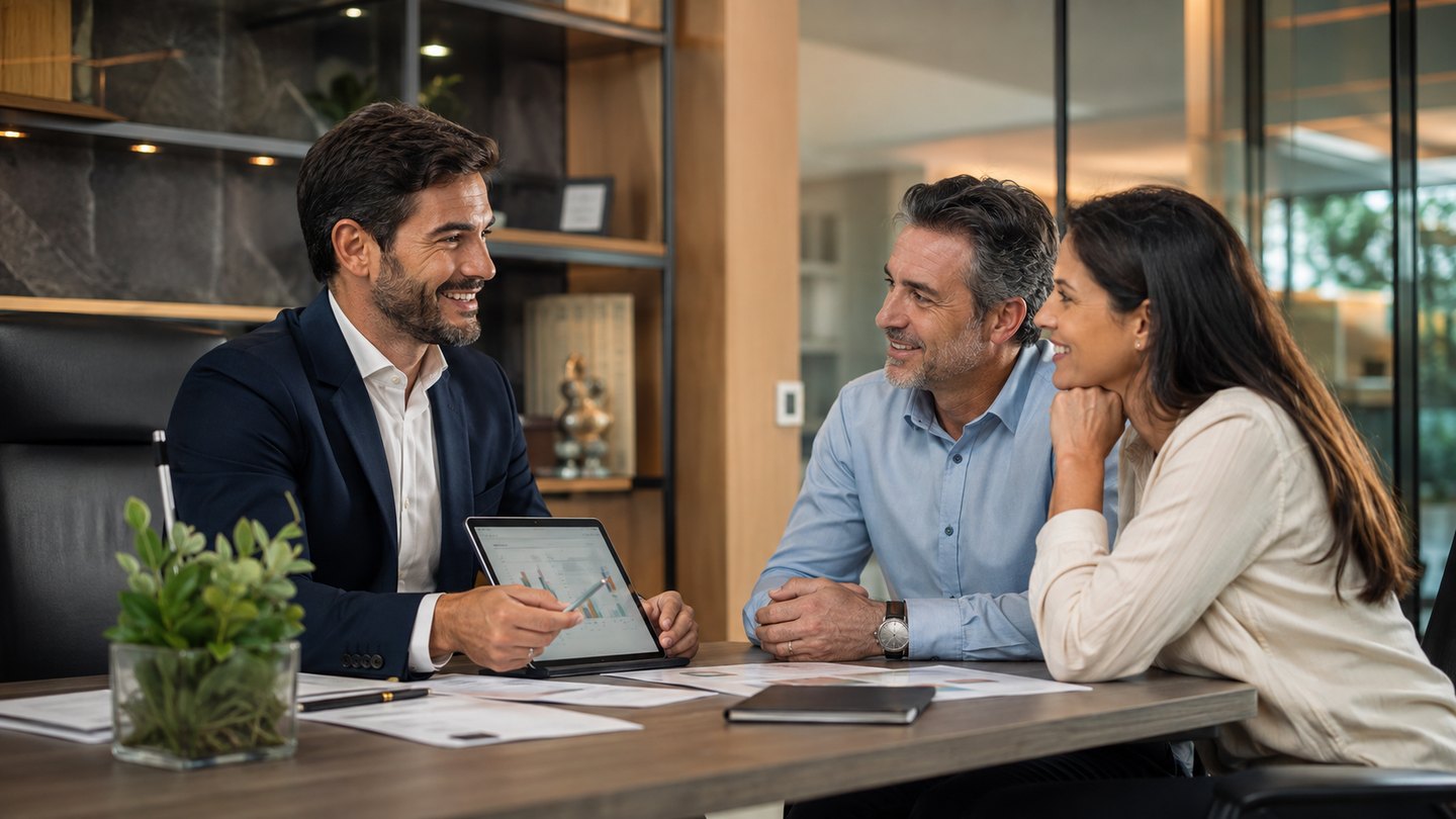 Consultor apresentando uma solução financeira a um casal em reunião profissional.