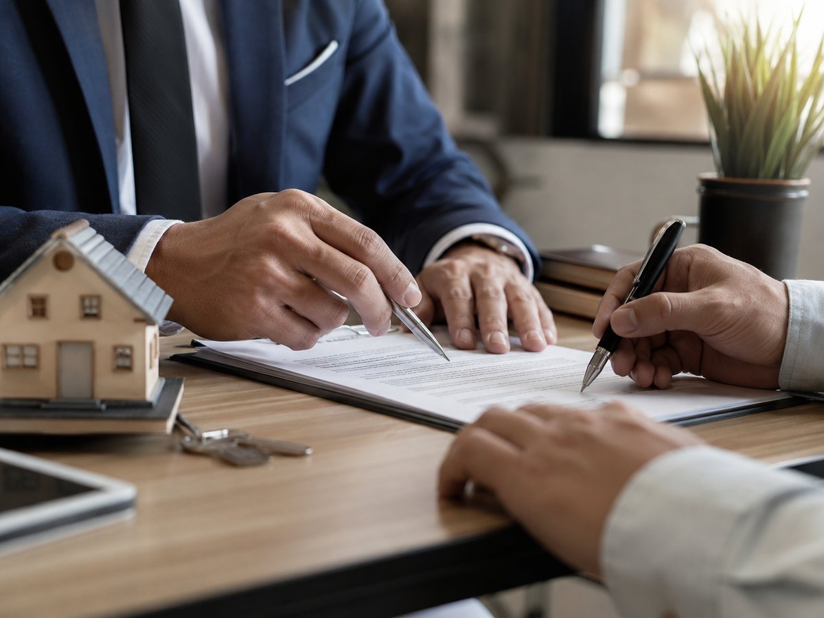Profissional orientando a revisão e assinatura de documentos relacionados a uma operação imobiliária.